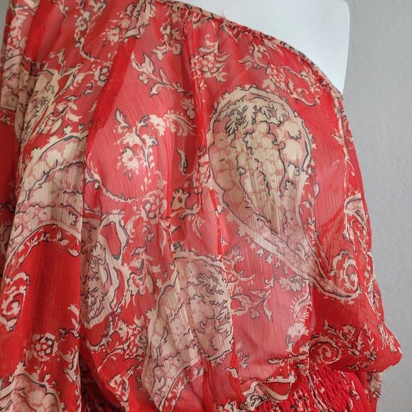 Zara XS dress elastic waist lining sheer longsleeve button elastic waist red - Picture 9 of 12